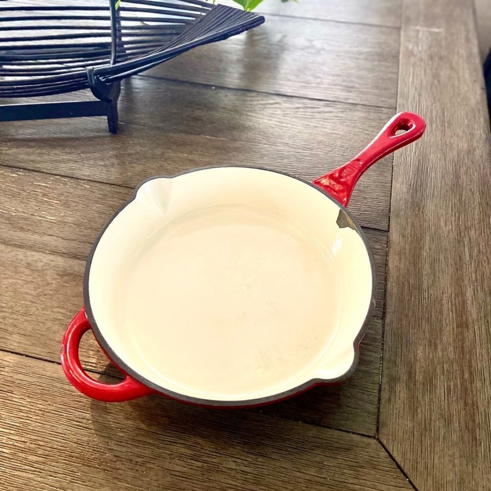 Vintage Red & Cream Cast Iron Skillet